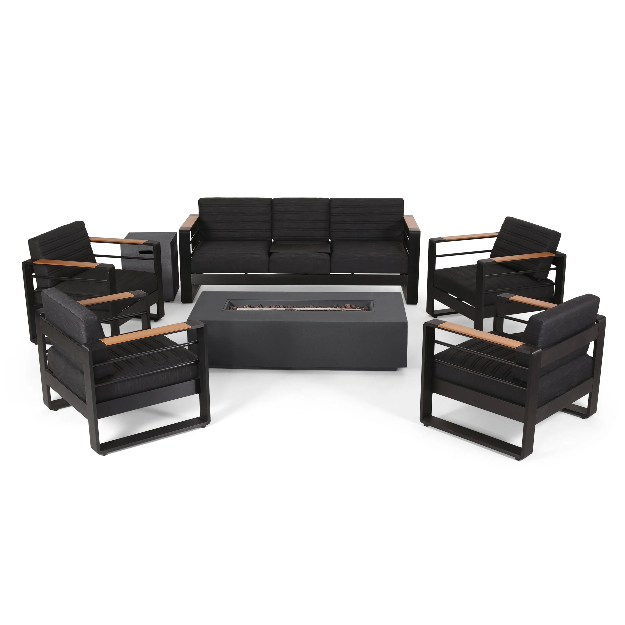 9c7a28611339b2d3aa68013f310a9a9fca8688e6bb99b713fa0dddfc21f3e6c9 Outdoor Aluminum 7 Seater Chat Set with Fire Pit, Black, Natural, and Dark Gray - NH458413