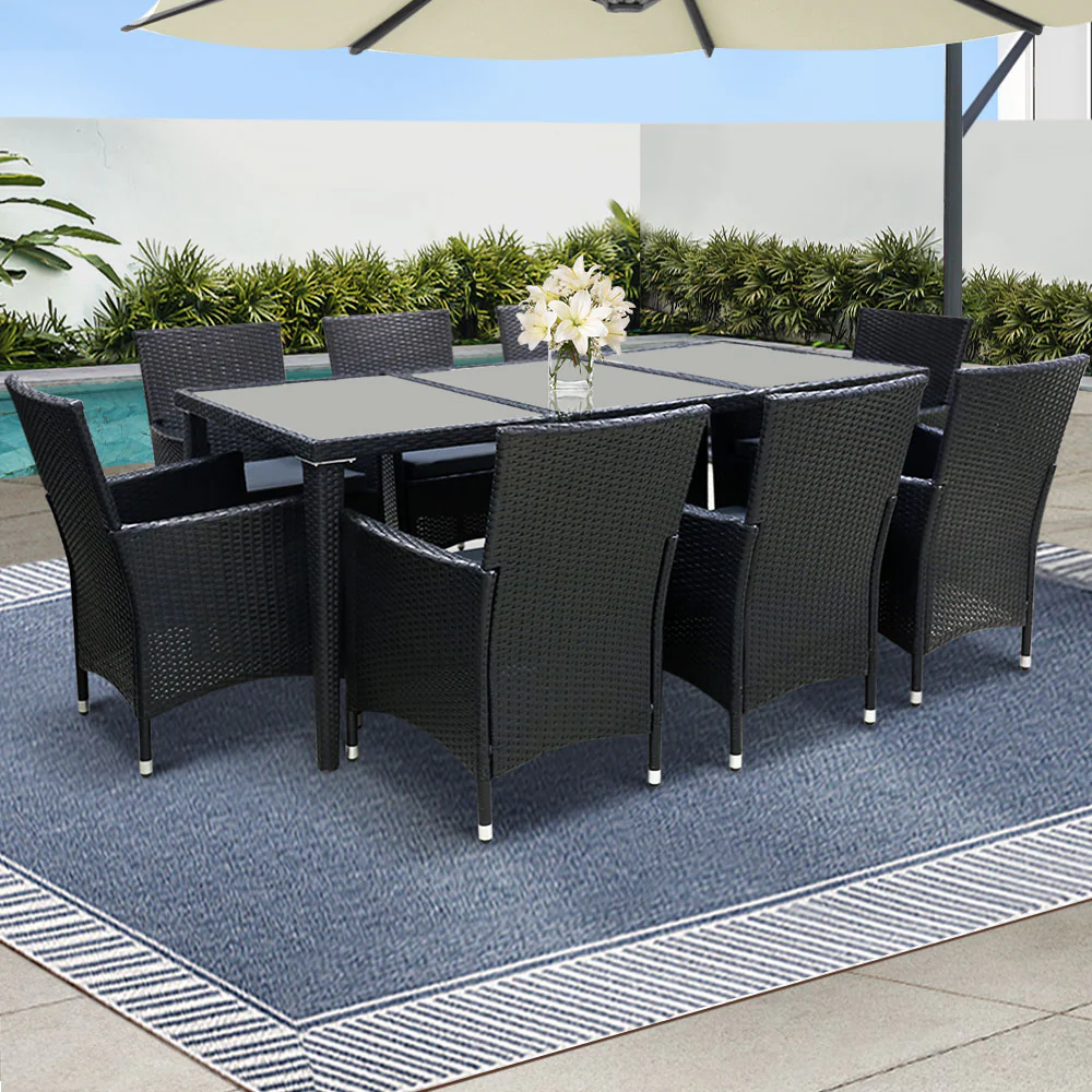 9cc089668590fd98deb2f3c92297440245a839401e3a22ef45395b3608fd7deb Gardeon 9-Piece Outdoor Dining Set Wicker Lounge Black