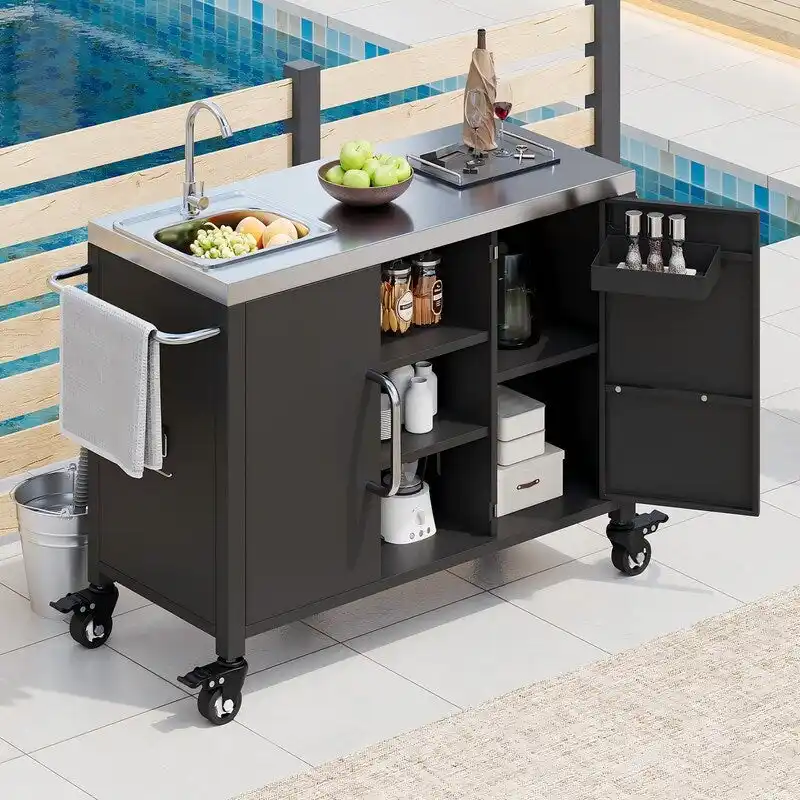 9db34bae3fd6a4856b504227e31f84c9e1a3c336a242162367583cf65854ebc4 Outdoor Kitchen Island with Sink, Outdoor Bar Cart Sink Station with 4 Lockable Wheels(Black)