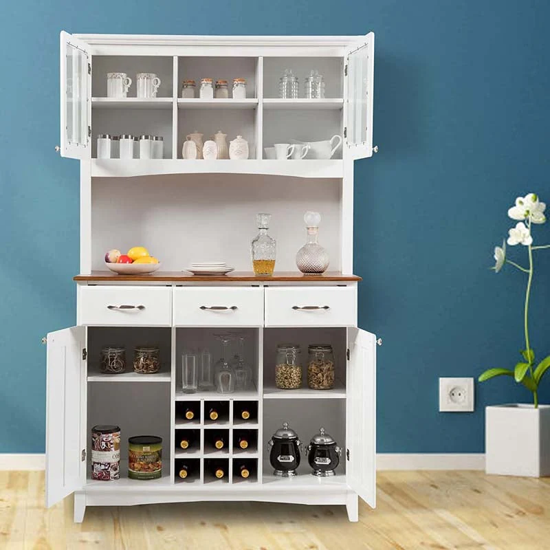 9dfe9b4d554bfeca53a9c0e080eb0872a7cf186f398af9fae5e57e154e882673 Wood Buffet Hutch Cabinet Kitchen Hutch Sideboard Kitchenware Server with 3 Large Drawers 9 Wine Grids(White)
