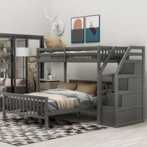 Twin Over Full Wood Loft Bed with Staircase,High Guardrails and Ladder(White)