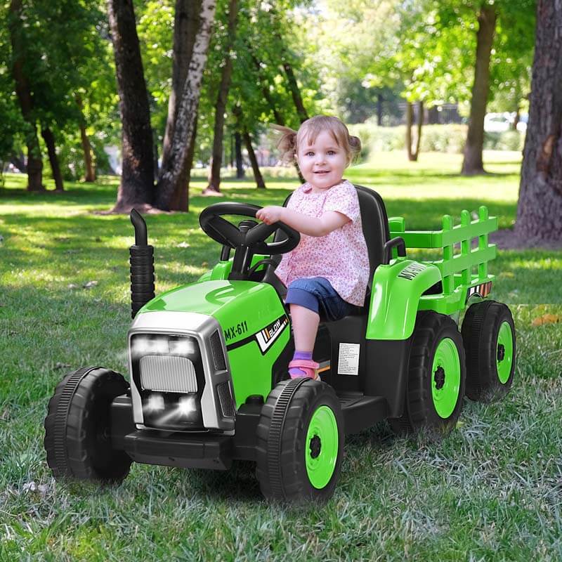 9e6a9a41b75faac120d455cbf28dce10de6ee8c35130e7295729645e3e41df6c Kids Ride on Tractor w/Trailer 12V Battery Powered Electric Riding Toy Car Vehicle with 3-Gear-Shift Ground Loader(Green)