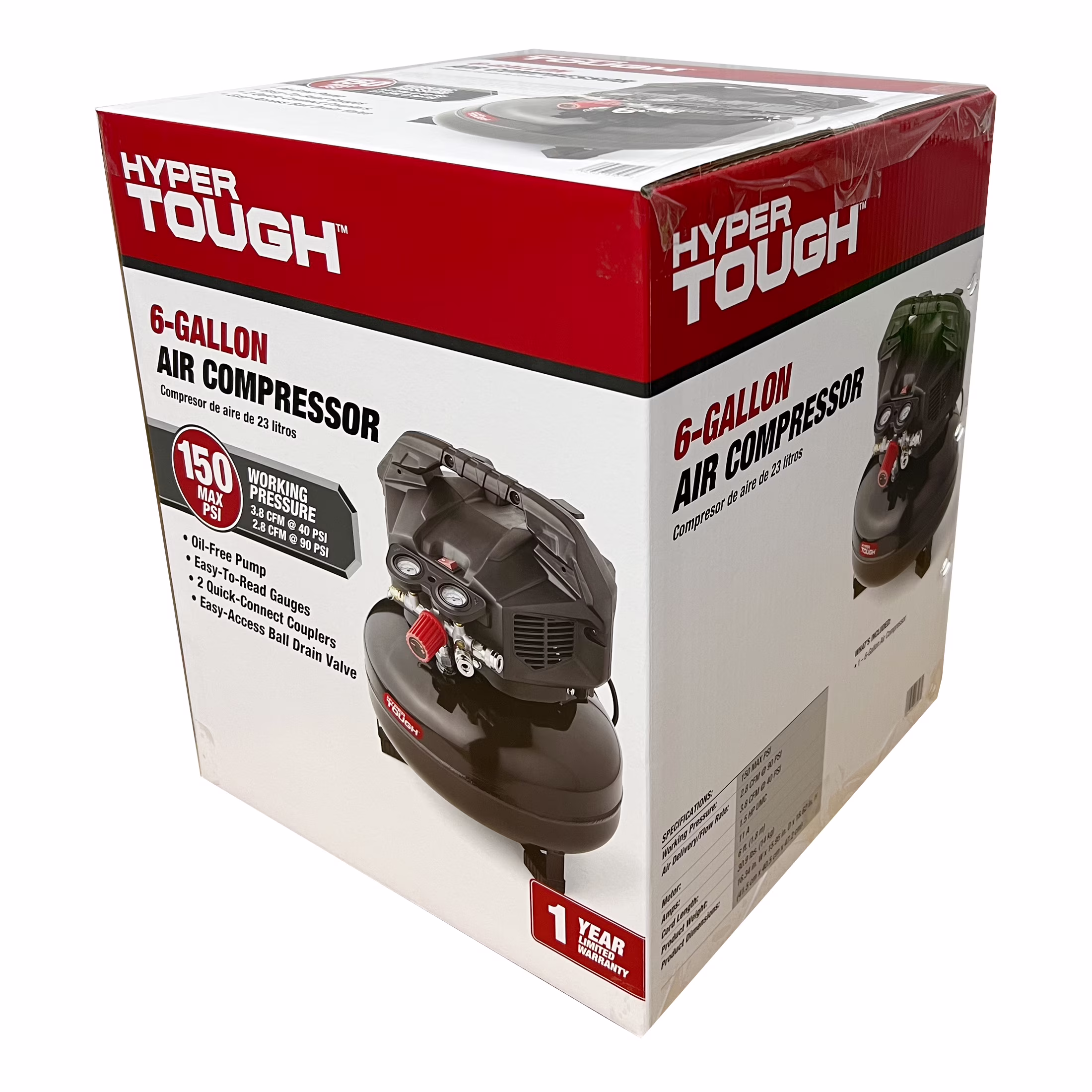 9e81cc263e6f93720d035713f9cb617dd7959251a4ac9e0e650b9ed62e2fe188 Hyper Tough Black 150 PSI Oil-Free Pancake Air Compressor 6 gal