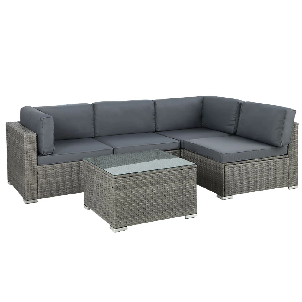 9e8ddec4bc22de0fbe1ec3bd4f777134056adbf10d020c43be73cc4955423d26 Gardeon 5-Piece Outdoor Sofa Set Wicker Couch Lounge Setting 4 Seater Grey