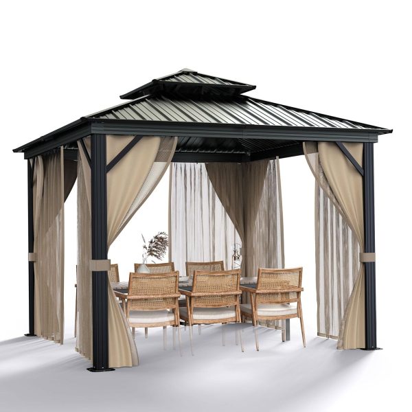 9eb98b198e5e1951de19765b4a5c790b5b56446dd6c8c3919040e38c4b4a9bed 2025 10x10 Hardtop Gazebo with double metal roof, aluminum frame, net, and curtain. All-weather, ideal for patio, deck, garden, backyard. Khaki.(Khaki/10x10FT)