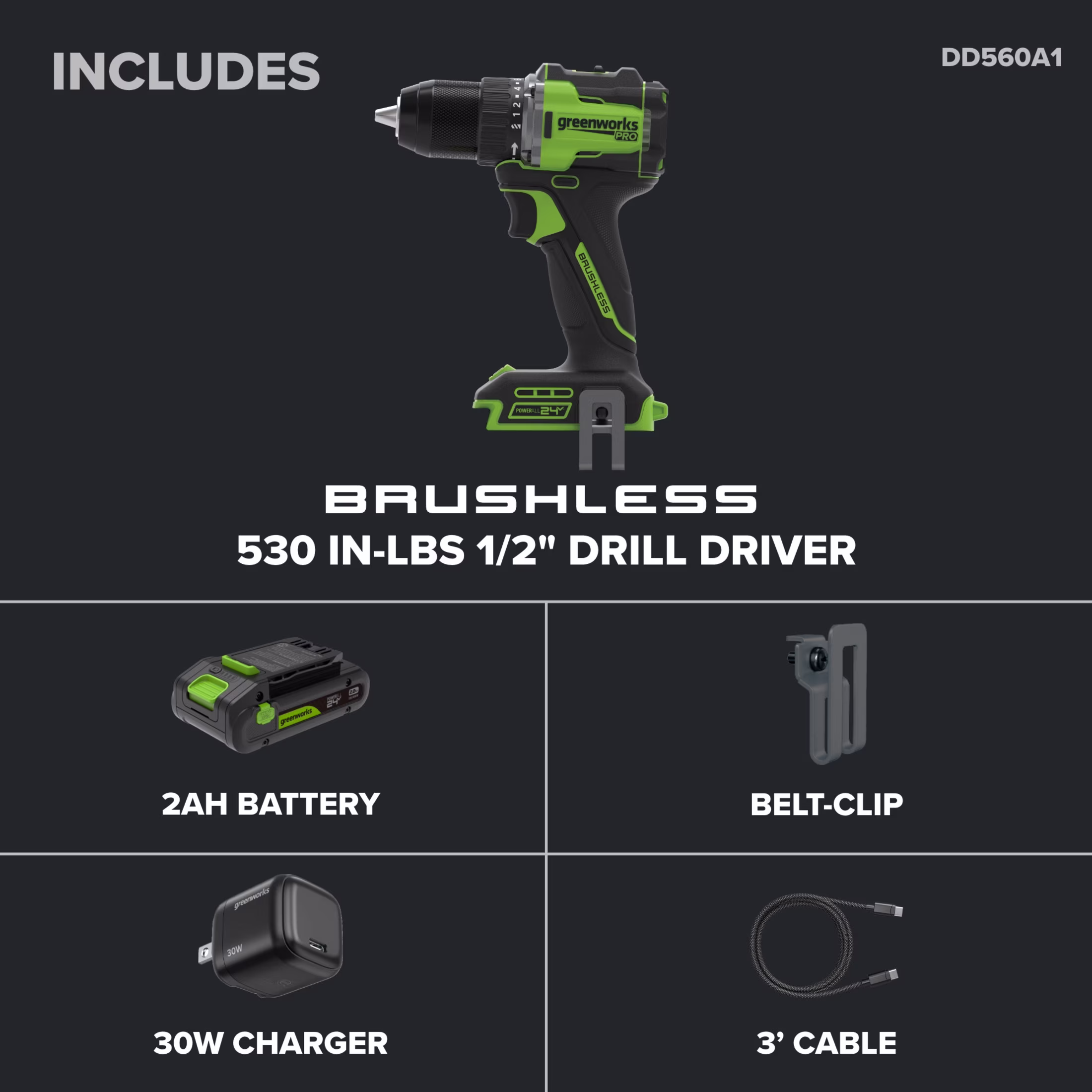 9ec70feee7073999b4054f06f87831df11acdac060c868b4e123f8d1d3fca882 Greenworks Pro PowerAll 24V Brushless 1/2" 530 in-lb Drill Driver, with 2.0 Ah USB-C Battery, 30W USB-C Charger Block, 3' 100W USB-C Cable, DD560A1