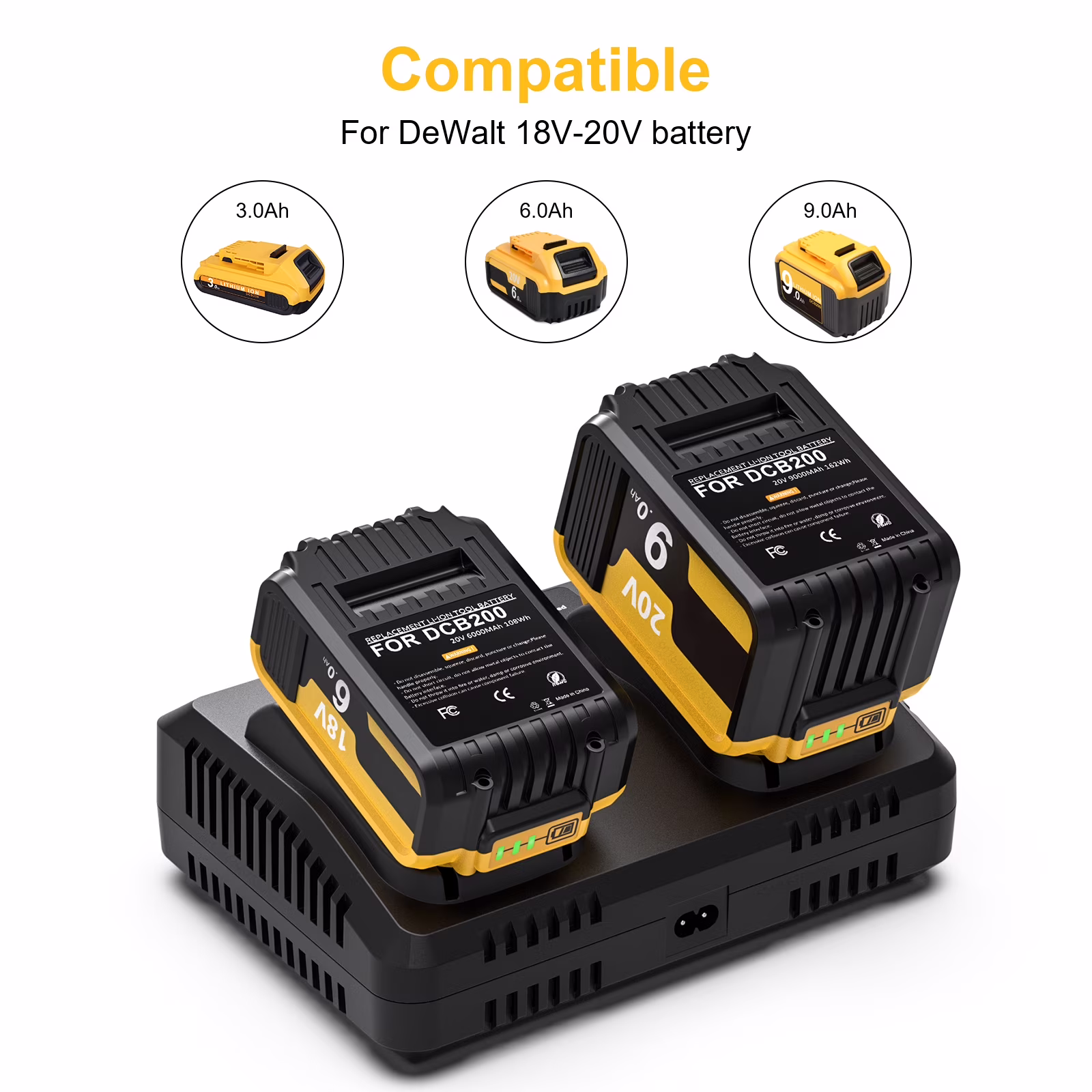 9ef086661cb6eb3bbd294b7cec8e8686a7c10c09ed0c3510940a7d2650234109 2 Pack 20v/60v 9Ah DCB606-2 DCB609-2 Battery for Dewalt 20v 60v Max 9Ah DCB609 6Ah DCB606 Flexvolt Battery 20V Max XR 8Ah DCB208-2 6Ah DCB206-2 5Ah DCB205-2 4Ah Lithium-ion Battery with 1 Charger
