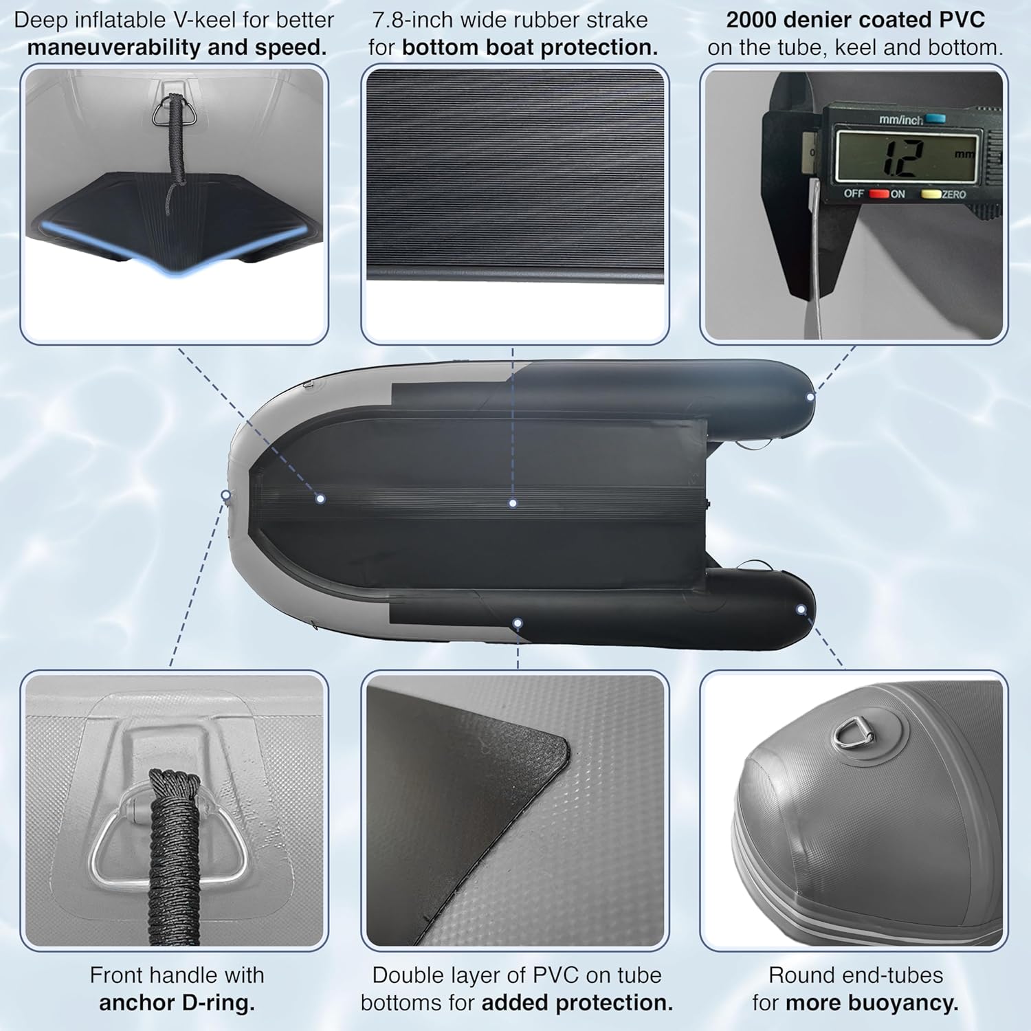 9f0adb0e82bcefe1525546e9385bc7b1555d6985321a428b6beec4cb61d71bab Inflatable Boat | Yacht Dinghy Tender Raft | Multi Person Fishing Boat | Aluminum Floor Oars | Fishing Rod Holders | Heavy-Duty PVC | 2024 Model |(8'5¡±/Light/Dark Gray)