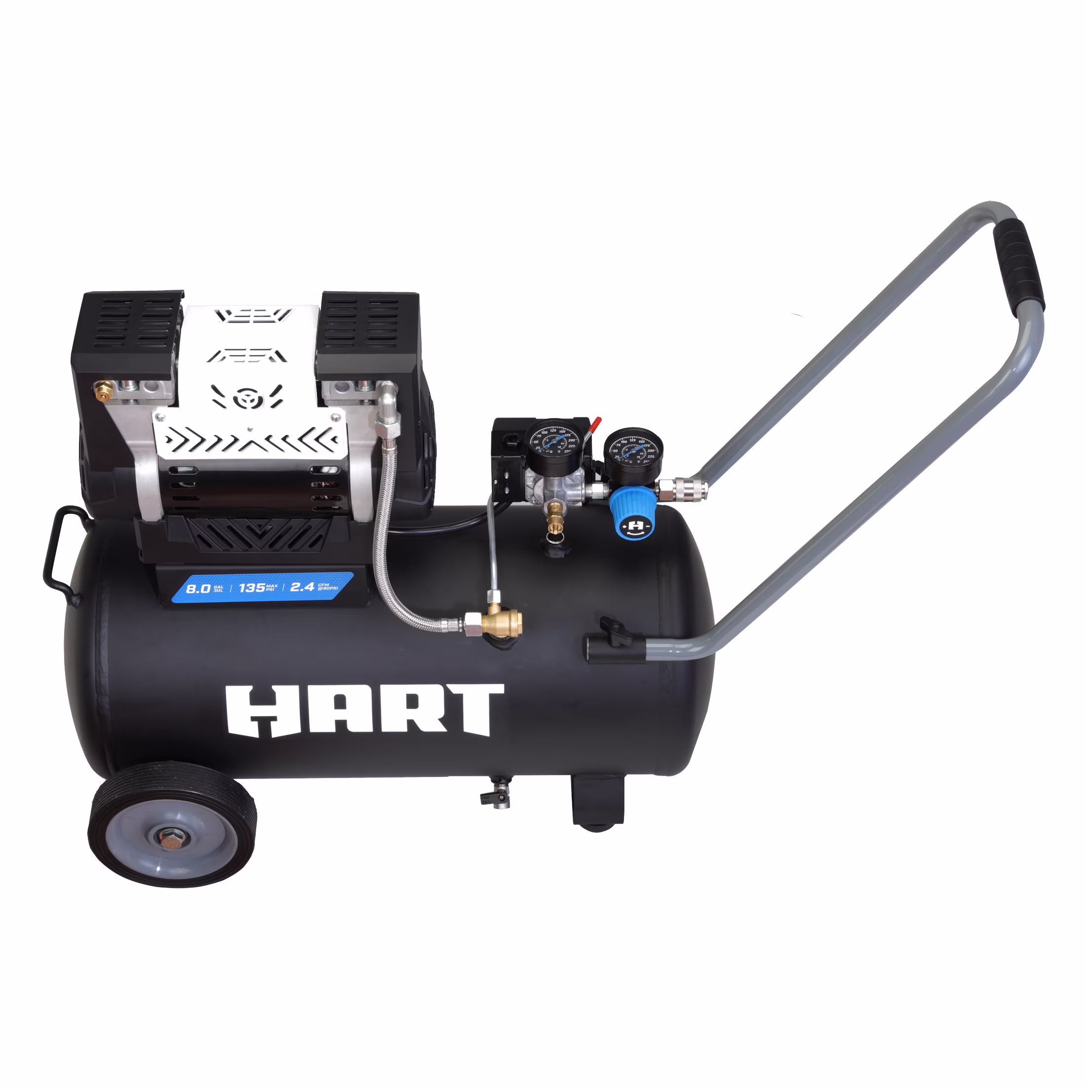 9f2e3a1fbd54d4923a6b045235249154133b39a1c8b788fc4ed486280b3b4d7e HART Black 135 PSI Oil-Free Electric Air Compressor 8 gal