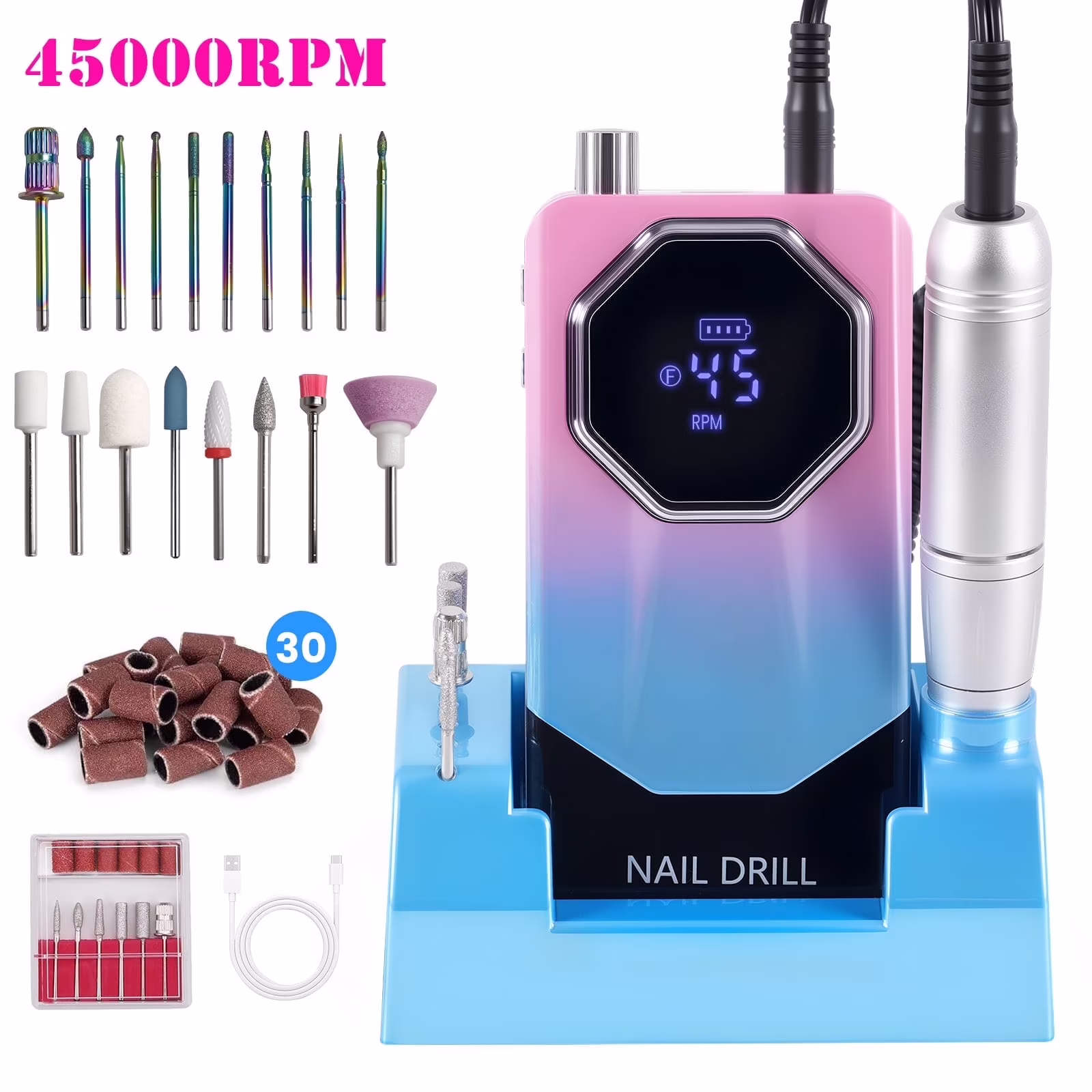 FETERVIC Professional Nail Drill Kit 45000 RPM, Rechargeable Electric Nail File , Cordless E-File Machine with LCD Display & 24 Drill Bits for Acrylic, Gel Nails & Cuticle Care