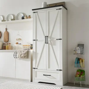 Farmhouse Kitchen Pantry Cabinet, Wood Storage Cabinets(White)