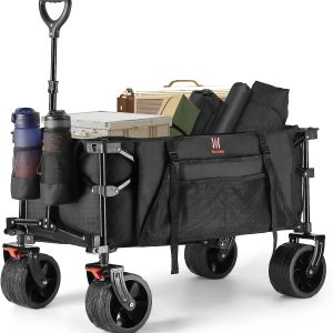 Navatiee Collapsible Folding Wagon, Beach Wagon Cart Heavy Duty Foldable with Big Wheels, Utility Grocery Wagon with Side Pocket and Brakes for Camping Garden Sports, T1