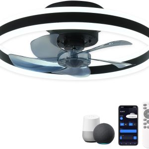 Low-profile smart ceiling fan with lights, APP control, remote compatibility, 6-speed reversible blade