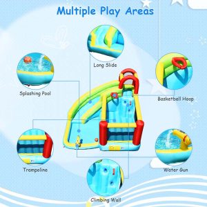 6-in-1 Kids Inflatable Bounce House Water Park with Trampoline, Splash Pool, Climbing Wall, Water Slide Gun, Basketball Rim