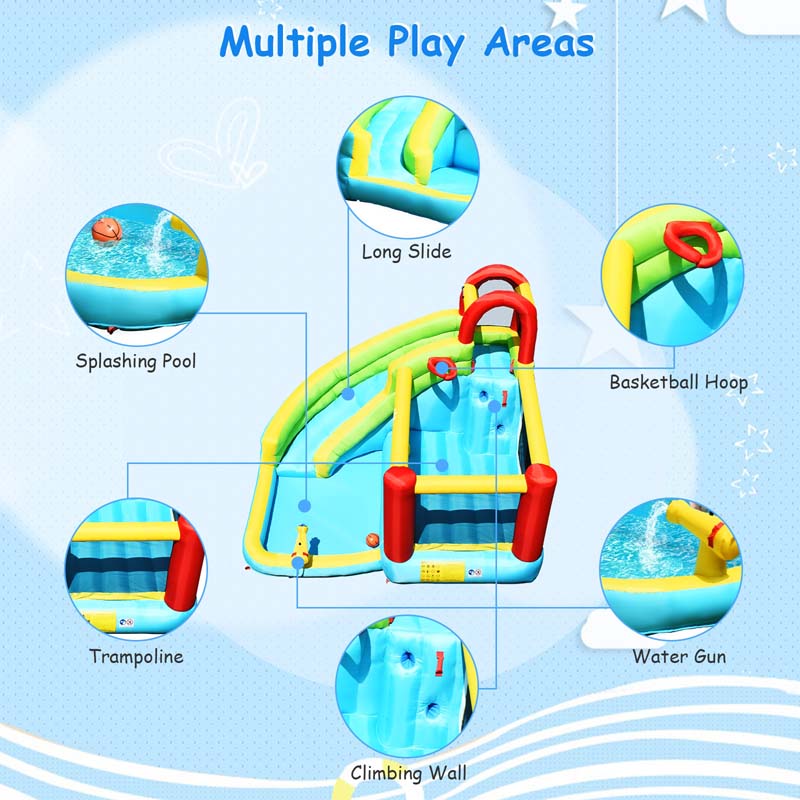 a050a4f00388ff3586401768155ba811f4273255cc61bc6dad83487cc0fc144e 6-in-1 Kids Inflatable Bounce House Water Park with Trampoline, Splash Pool, Climbing Wall, Water Slide Gun, Basketball Rim