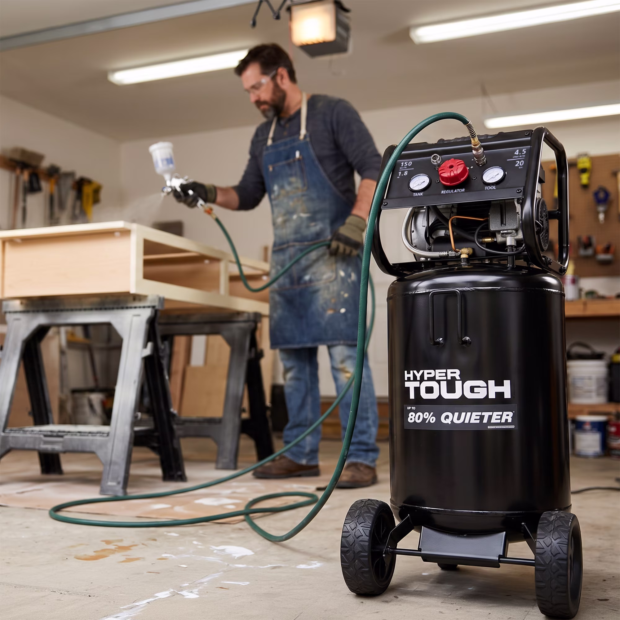 a0ac17d7bd2d4fc9c6db1901e6408c2827fe23e1efa6f579afde20c4f653f78c Hyper Tough 20 Gallon 1.8 HP Vertical Quiet air compressor 150psi