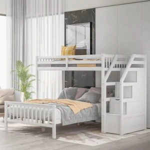 Twin Over Full Wood Loft Bed with Staircase,High Guardrails and Ladder(White)