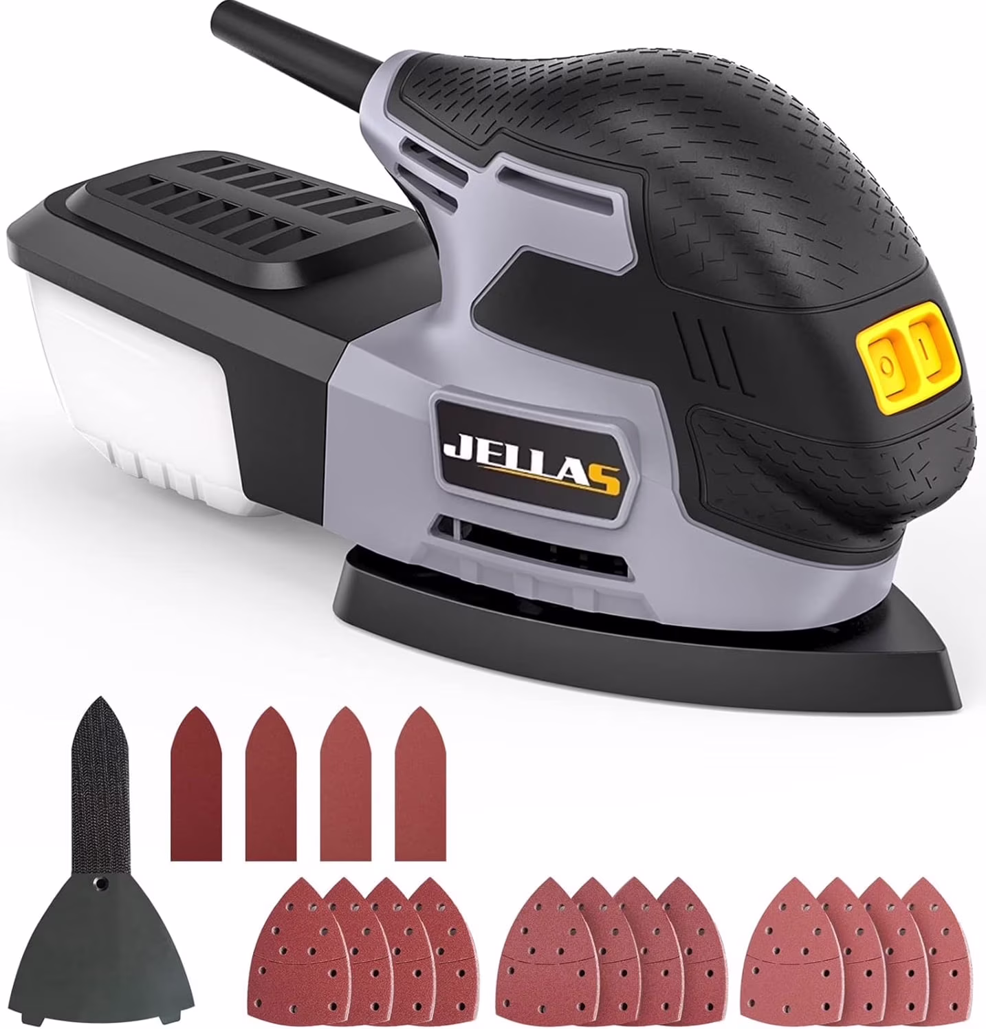 JELLAS Electric Detail Sander, 220W Compact Sander Machine for Wood, 13,000 RPM Sanders with Dust Collection, 16PCS Sandpapers, Finger Sanding Attachment and Sanding Pad Included