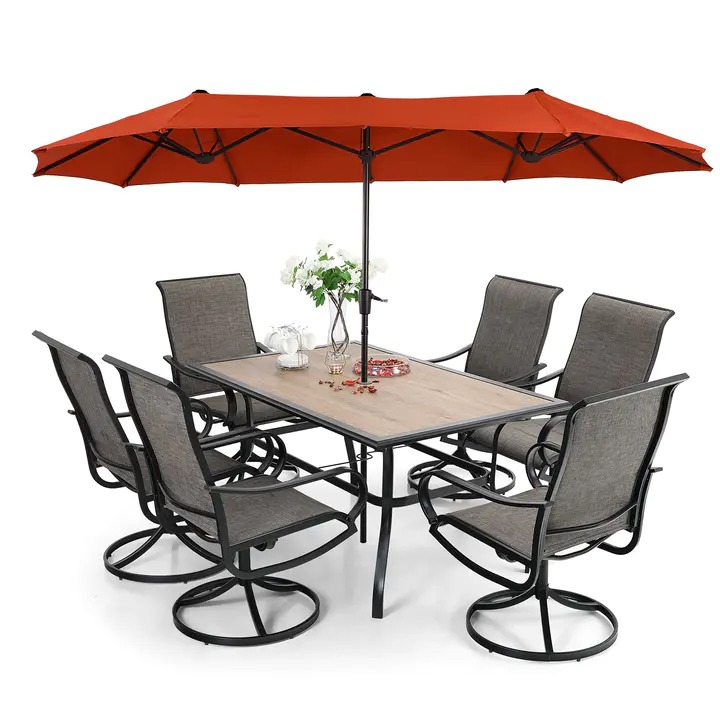 nutrigardens 8 Pieces Patio Dining Set with Umbrella,Outdoor Furniture Set with 6 Sling Dining Swivel Chairs(Beige)