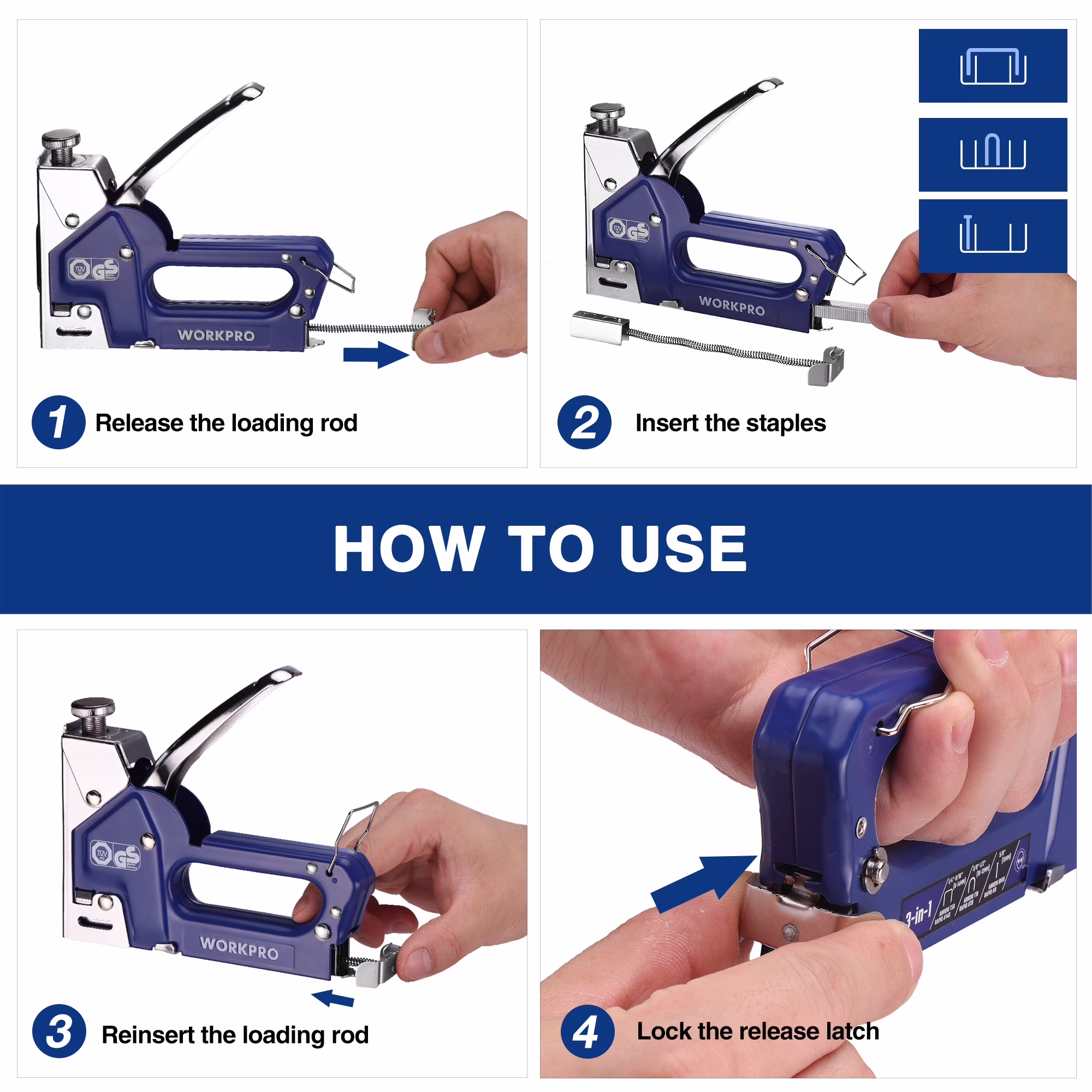 WORKPRO 3-in-1 Staple Gun Kit with 1500 Staples & Remover, Compatible with T50, U-Type, Brad Nails – Heavy Duty Manual Stapler for Upholstery & DIY