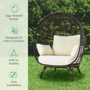 Oversized Wicker Egg Chair with 4 Cushions, Steel Frame Basket Chair Indoor Outdoor Patio Lounge Chair(Mix Brown)