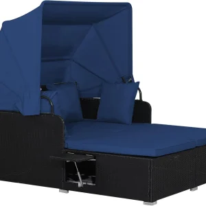 RELAX4LIFE Patio Outdoor Daybed Canopy Wicker Sunbed Cushions Lounge Bed Conversation(Navy)