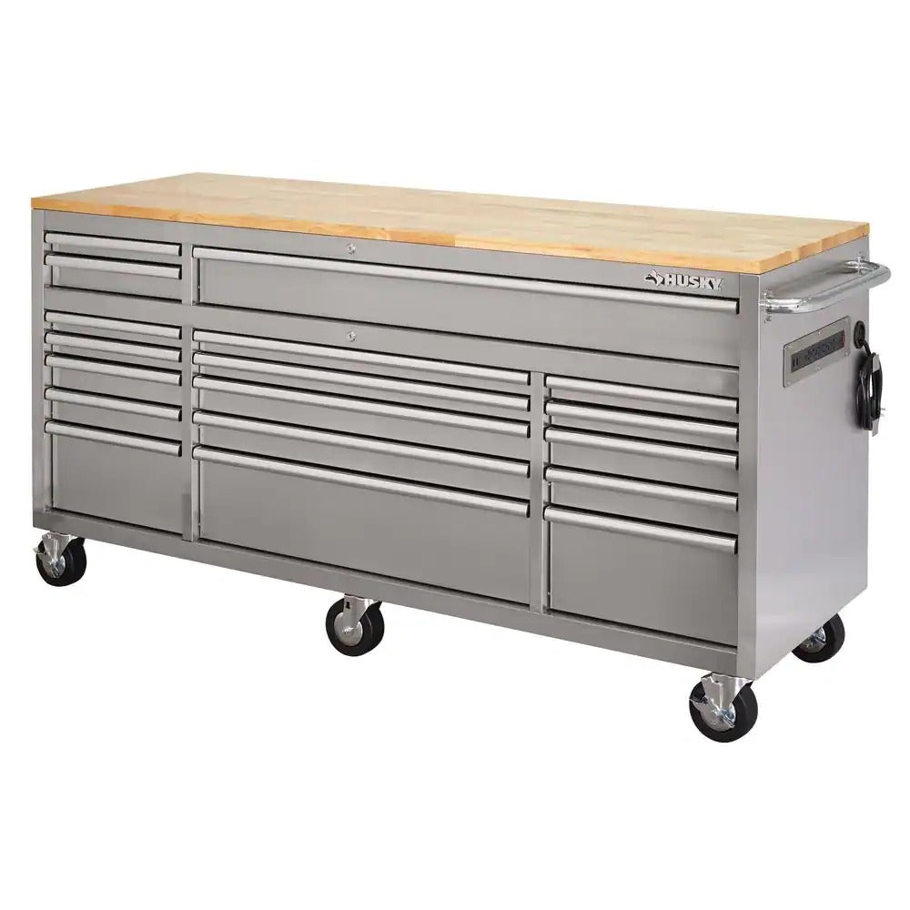a37c3b9dd208196d7c07ab31f73c00af857b46270f5ffe0a18d3d94497bd49be 72 in 18-Drawer 24 in. D Mobile Workbench with Solid Wood Top Stainless Steel
