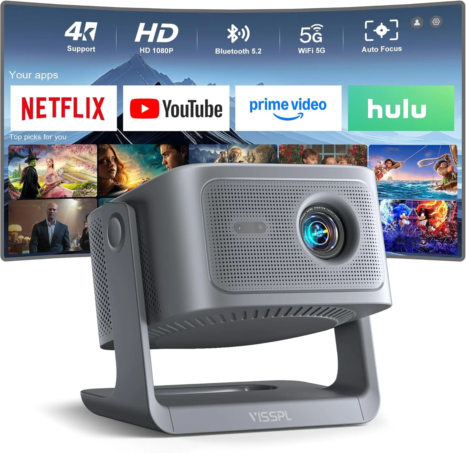 a3e3212d06550886215dcb1bc25611dd524524a5522b63d916c405f5b4305e73 Smart 4K Projector with WiFi and Bluetooth, VISSPL 3D Dolby Audio and Auto Focus(Gray)