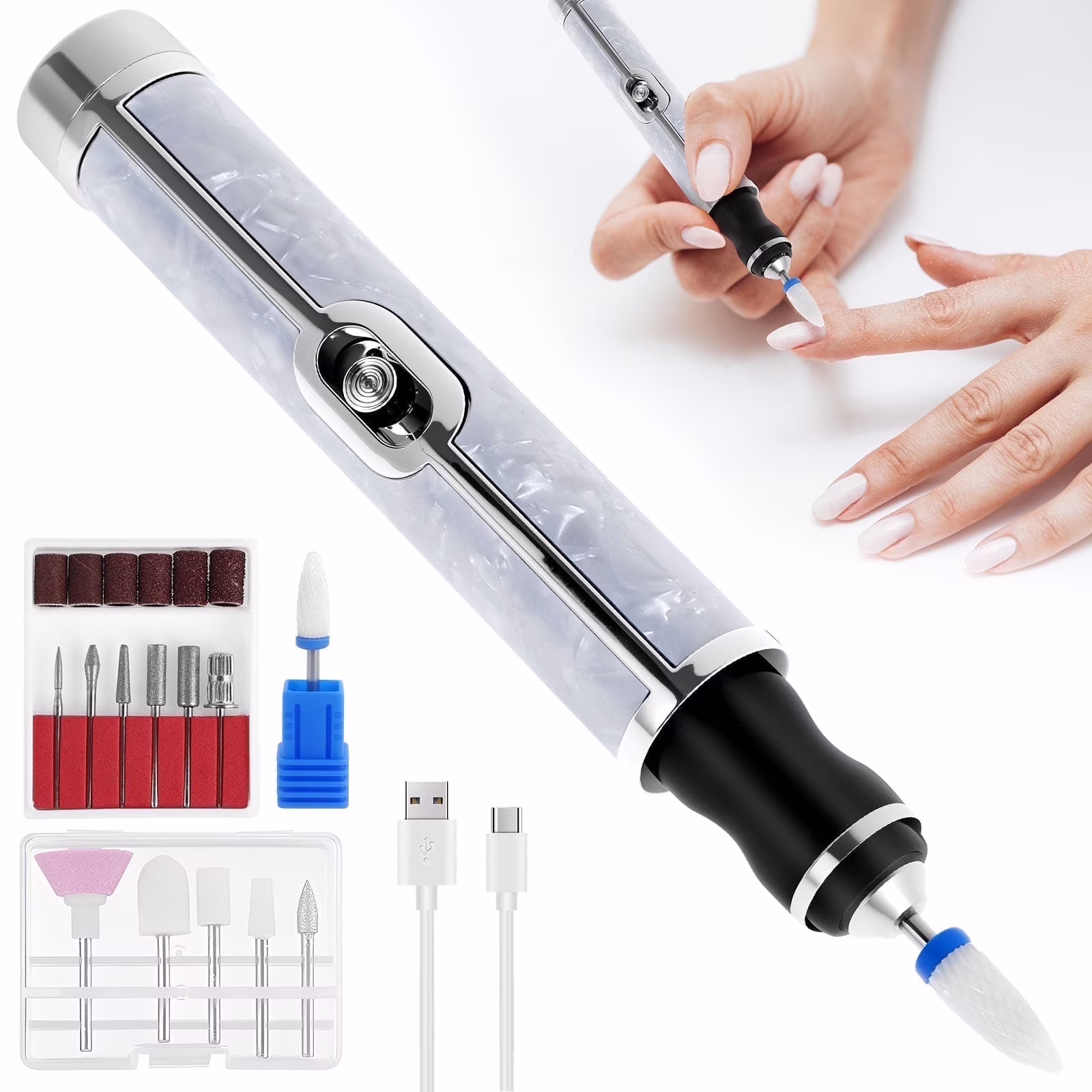 FYJUCPA Aluminium Alloy Electric Nail File Kit for Thick Toe Nails Rechargeable 4 Gears Electric Nail Drill Machine Low Noise Electric Nail Grinder for Various Nails and Shapes