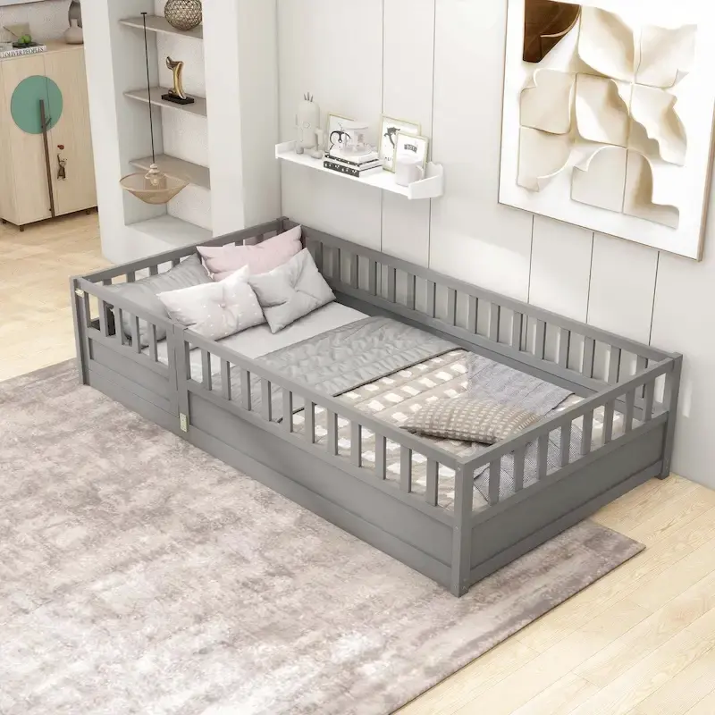 a4c89436729b189e86d3d8c9c00a247cf7c92c2da724703a404f5c488273e4c8 Montessori wooden children's floor bed with Support slat(Grey/TWIN)