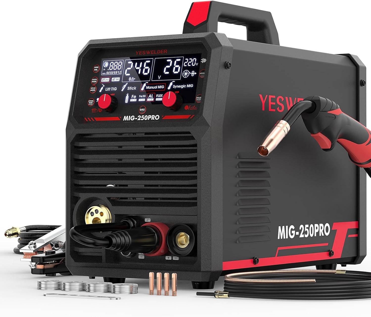 a4e74f42f6bde34cffc0fc5e40701bdd7153401b4b64d648f7c4605e205ff00f YESWELDER 135Amp MIG Welder,110V Flux Core Welder Flux Core MIG/Lift TIG/Stick 3-in-1 Large LED Digital Display Welding Machine IGBT Inverter Welder FLUX-135PRO(MIG-250PRO)