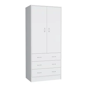 19 Modern Double-door Armoire with 3 Drawers and 1 Hanging Rod for Bedroom(White)