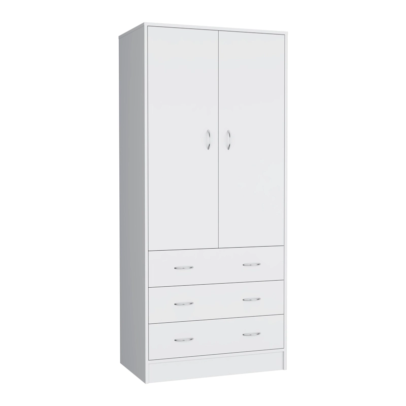 a61df9e174860ef4a7e98e5bbece12168ecf81c9a6083f39be025ed3539bab99 19 Modern Double-door Armoire with 3 Drawers and 1 Hanging Rod for Bedroom(White)