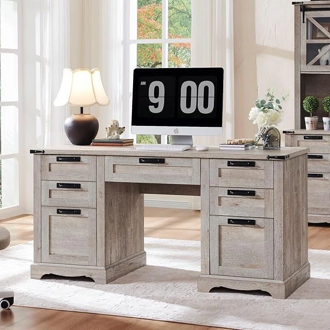 a661e735949ef6eddc373b8f64383d74a8b24d2b836e4b7b3297401843652538 60 Farmhouse Executive Desk, Wood Home Office Desk, Computer Desk(Light Rustic Oak)