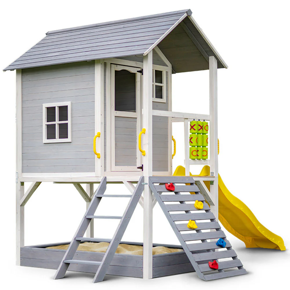 a686a62ba88440da0c5841ab040929244c3bf6aa3024cf7f6847cb0401850085 ROVO KIDS Wooden Tower Cubby House with Slide, Sandpit, Climbing Wall, Noughts Crosses