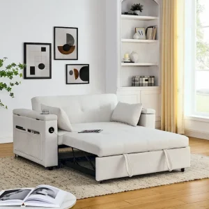 54 Pull-Out Sleeper Sofa Bed, 2 Seat Recliner Sofa Bed with Storage, Lumbar Pillow, USB Power Outlet(Beige)