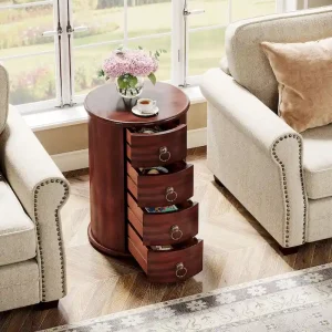 No Assembly Solid Wood End Table, Vintage Round Side Drawers Table(Cherry-2pcs)
