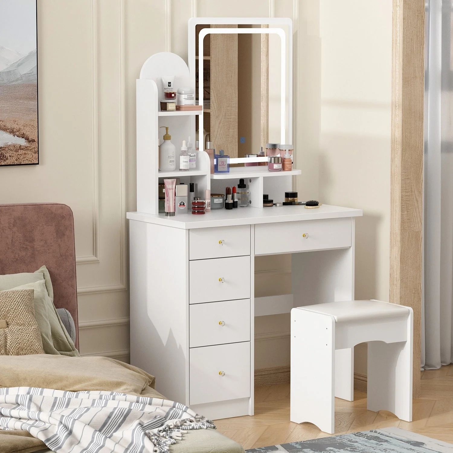 a8d70d7d2e1333130dbd7478cab44cc02cf7a91bc722bc41d4d875fce4bb7fec Makeup Vanity Set Table With LED Light Mirror Stool(White)