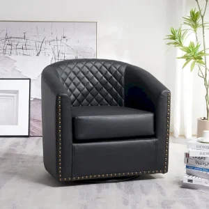 KINWELL 29 Wide Tufted PU Leather Swivel Barrel Chair(Black)