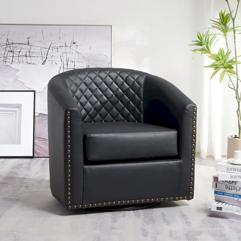 aa28722323333fad0110ce6168f76ae5144f6601b5d5bfbd6764e820575e6e54 KINWELL 29 Wide Tufted PU Leather Swivel Barrel Chair(Black)