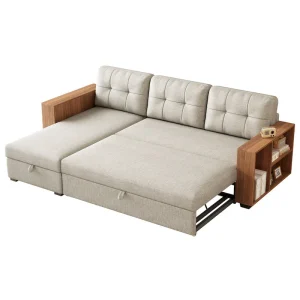 Convertible Sectional Sofa with Pull-Out Bed and Hidden Storage Chaise(Light Grey)
