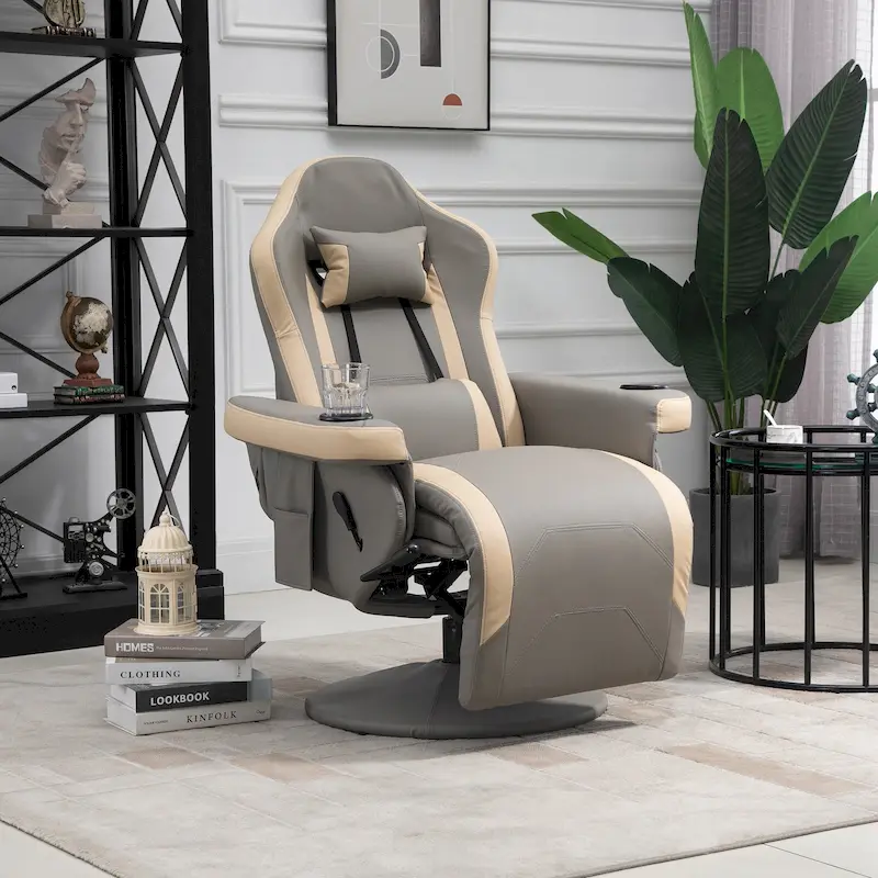 aa8e6df900f621924947b06974e81a189093136c6249d6b64bd318c6dc6ebc8d HOMCOM Manual Recliner Armchair PU Leather Lounge Chair w/ Adjustable Leg Rest, 135 Reclining Function, 360 Swivel, Cup Holder(Grey)
