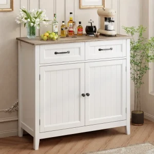 Kitchen Sideboard Buffet Storage Cabinet with 2 Drawers, Coffee Bar Cabinet ,Wood Entryway Cabinet with Double Door Cupboard(Grey)