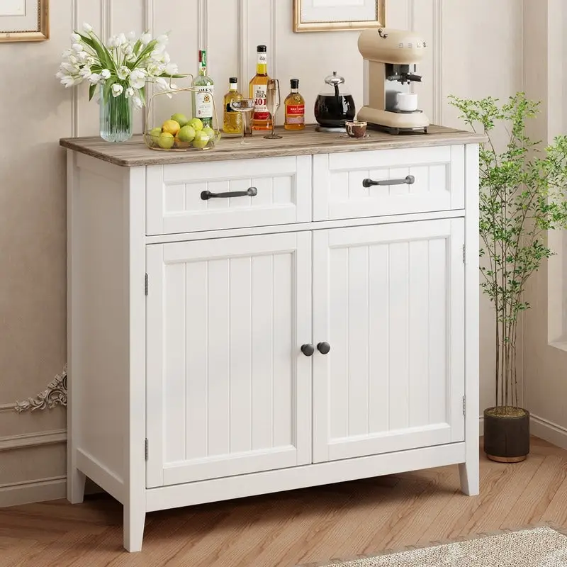 aa948c039d9edea9f4867f23ed7c3dc6eac24eee95f0a62462f600e17d8f5c18 Kitchen Sideboard Buffet Storage Cabinet with 2 Drawers, Coffee Bar Cabinet ,Wood Entryway Cabinet with Double Door Cupboard(Grey)