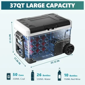 12 Volt Refrigerator, 53QT(50L) Electric Cooler, Portable Freezer 12V/24V DC 110-240V AC, 12V Fridge -4?H~68?H, 12V Cooler with Wheels 2 Baskets for Travel, Truck, Boat, Camping(37 Quart)