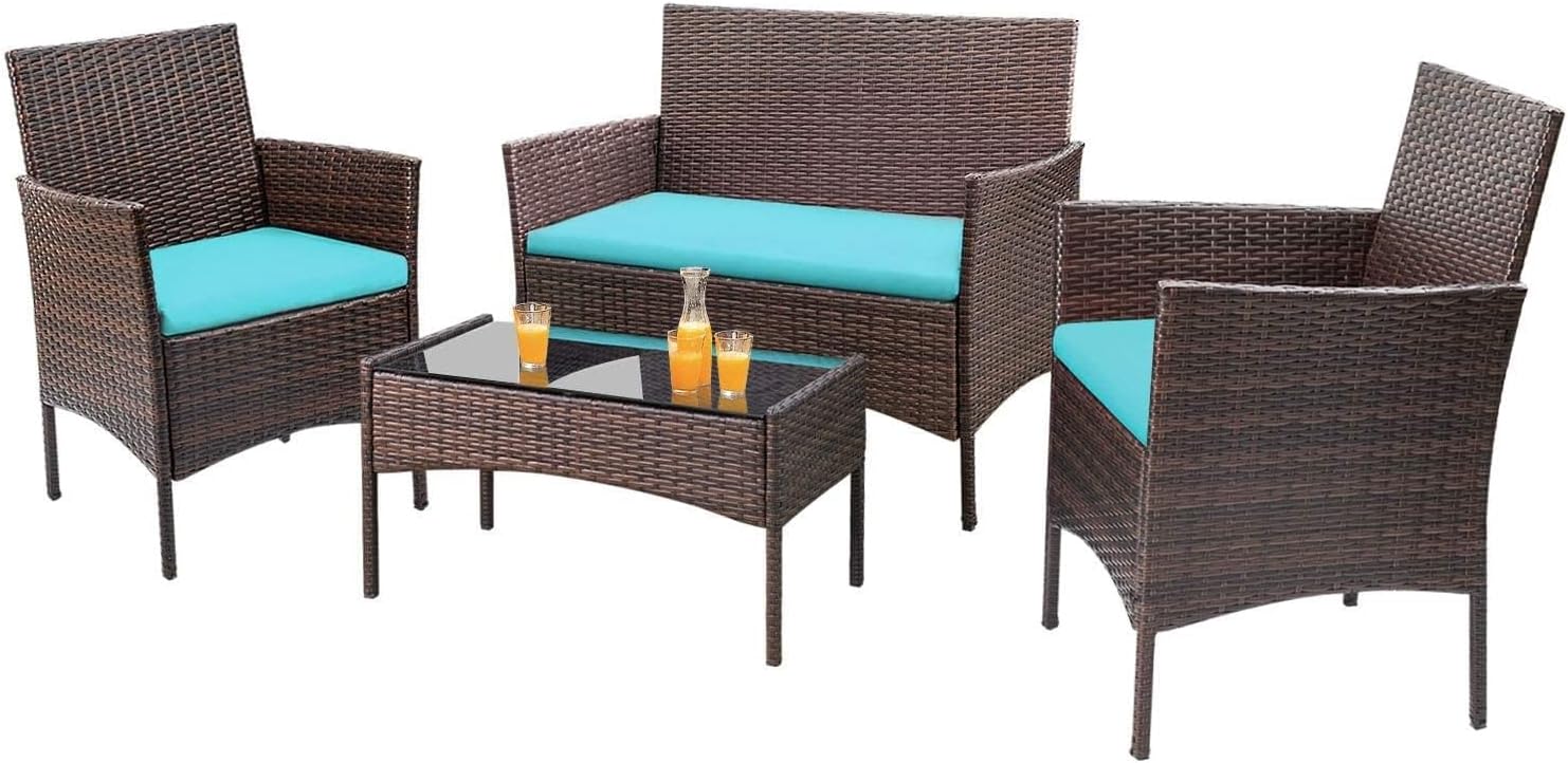 ab76348a0c27cd3ff5b10bddb6aa5a739d68db79b53a1eea4f44c9ca9f5df8b6 Homall 4 Pieces Outdoor Patio Furniture Sets Rattan Chair Wicker Set, Outdoor Indoor Use Backyard Porch Garden Poolside Balcony Furniture Sets (Grey)(Blue/Rattan)