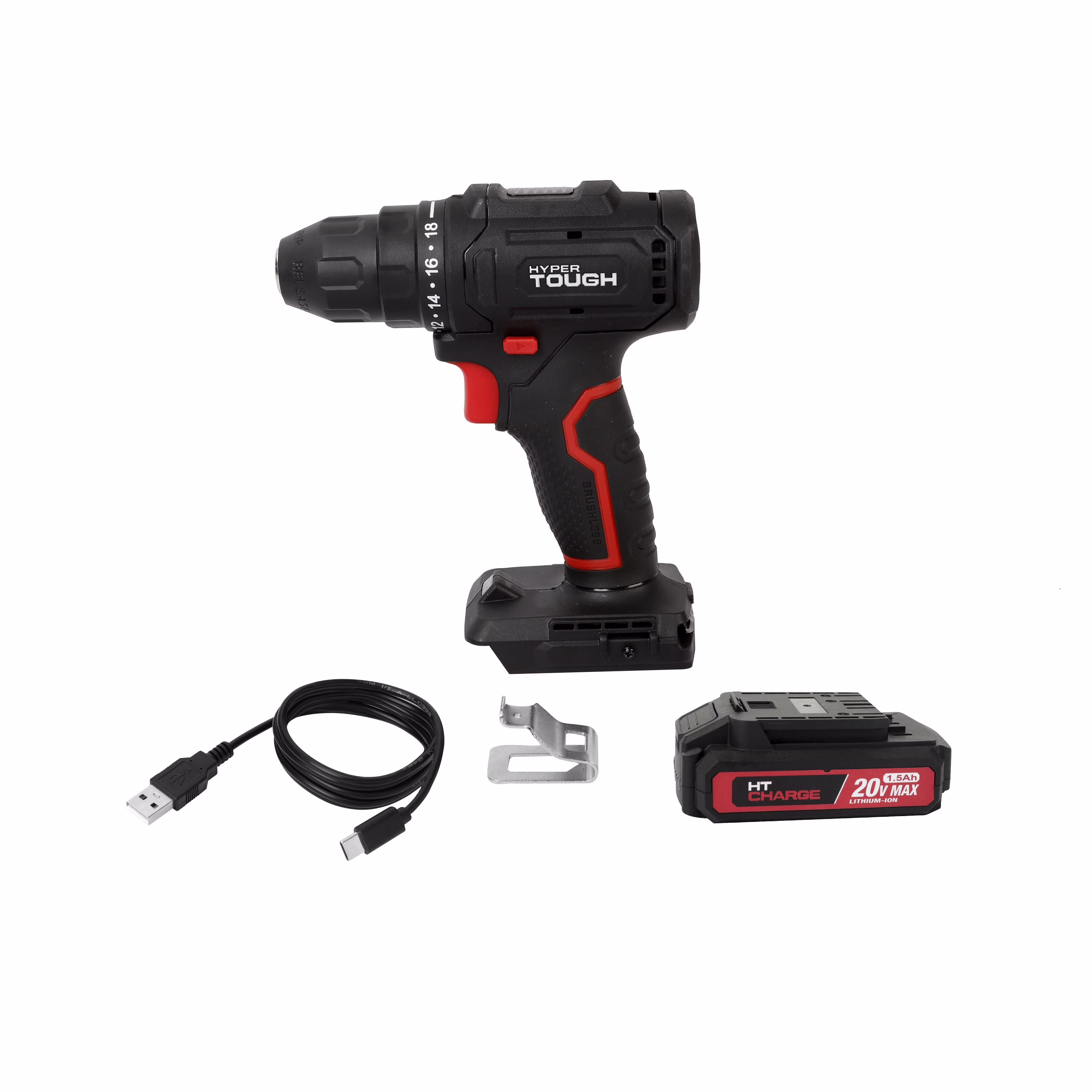 Hyper Tough 20V Brushless Cordless Drill with 1.5Ah Battery and USB-C Charging Cable