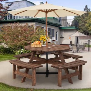 8-Person Outdoor Wooden Round Picnic Dining Table Bench Set with Umbrella Hole  4 Benches(Default Title)
