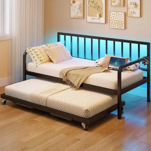 Rolanstar Daybed with Charging Station and LED Lights Height Adjustable Twin Daybed(Industrial/Black)