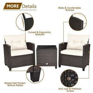 3 Pcs Rattan Patio Conversation Set Outdoor Wicker Sofa Set with Washable Cushions  Coffee Table(White)